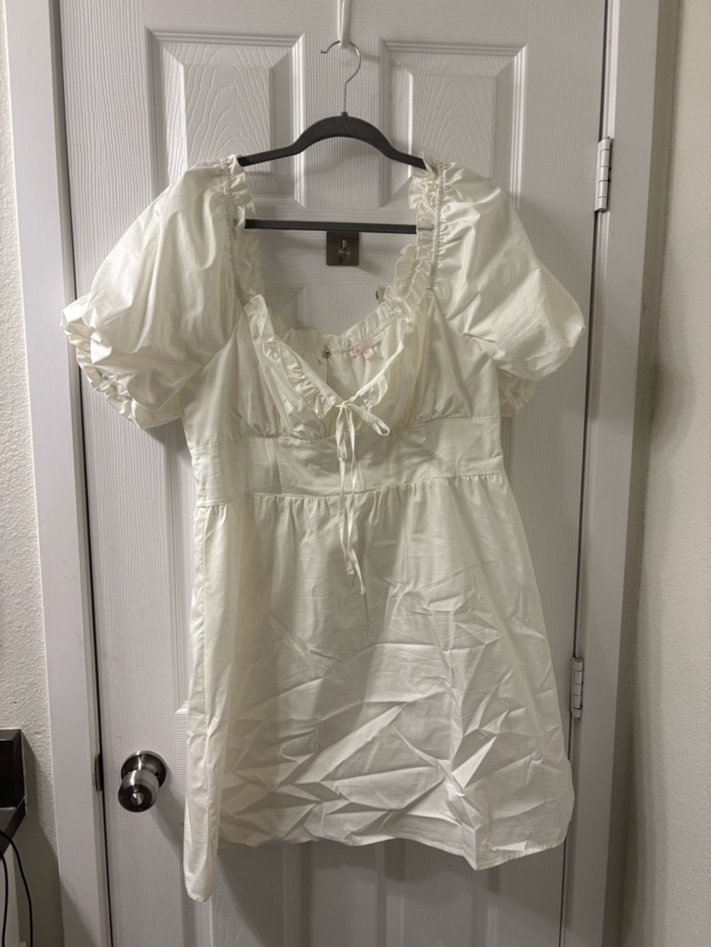 Mini Ivory Dress with Puff Sleeves, Corset Style Bodice, and Ruffle Trim